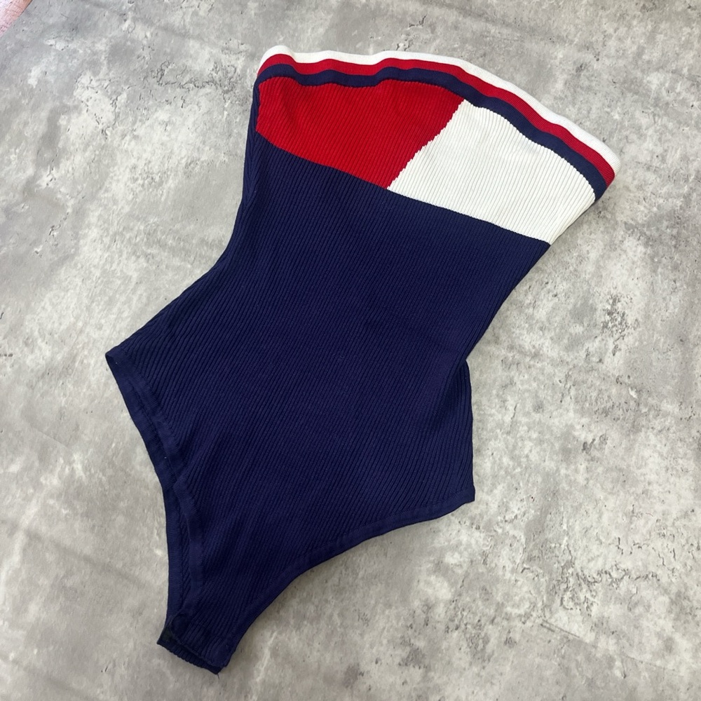 Colorblock One-Piece Ribbed Bodysuit (Red Blue & White)